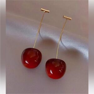 Elegant Delicate Feminine Gold & Red Cherry Drop Dangle Valentine’s Day Earrings